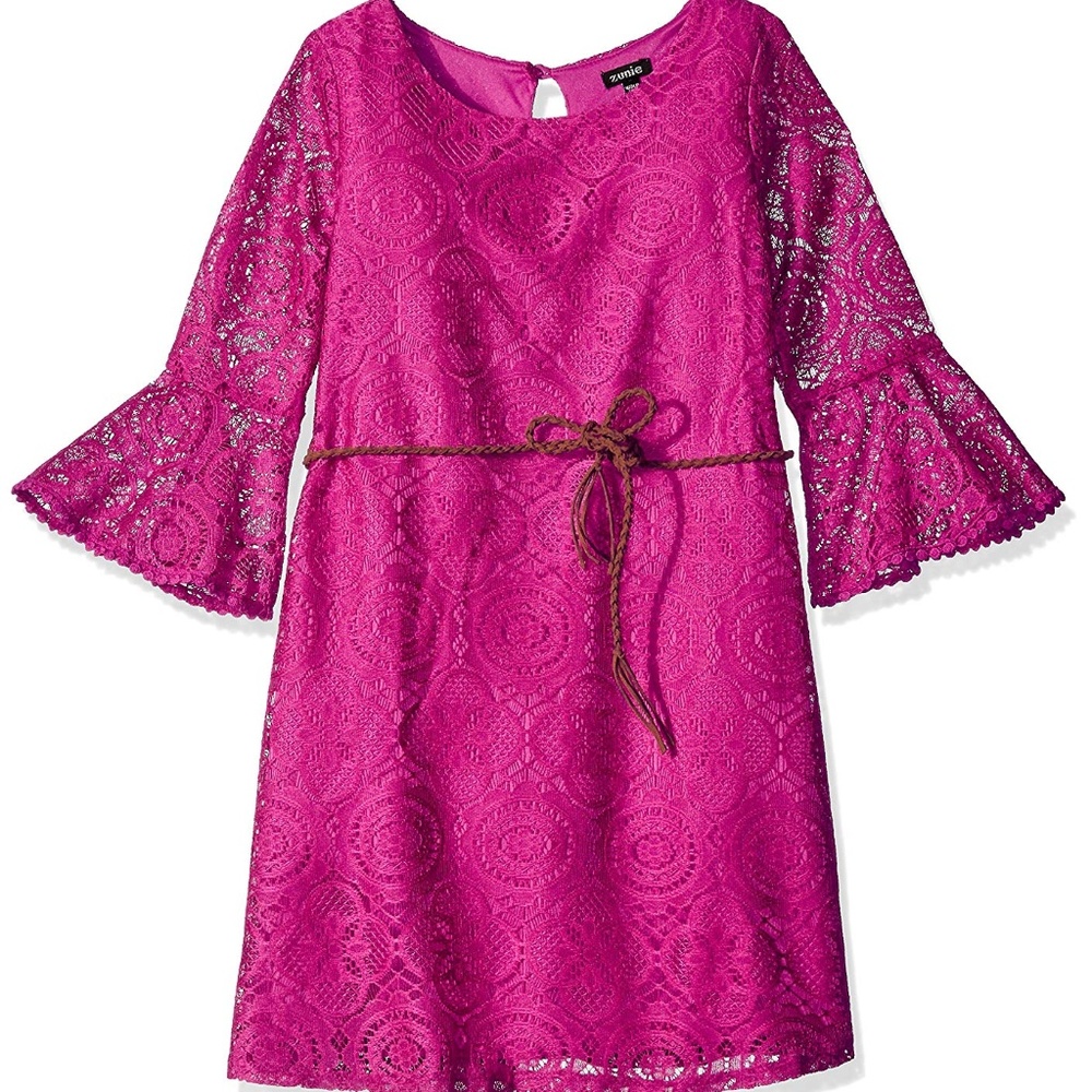 Zunie Girls Lace Bell Sleeve Belted A-line Dress Size Small 7/8 Pink‎